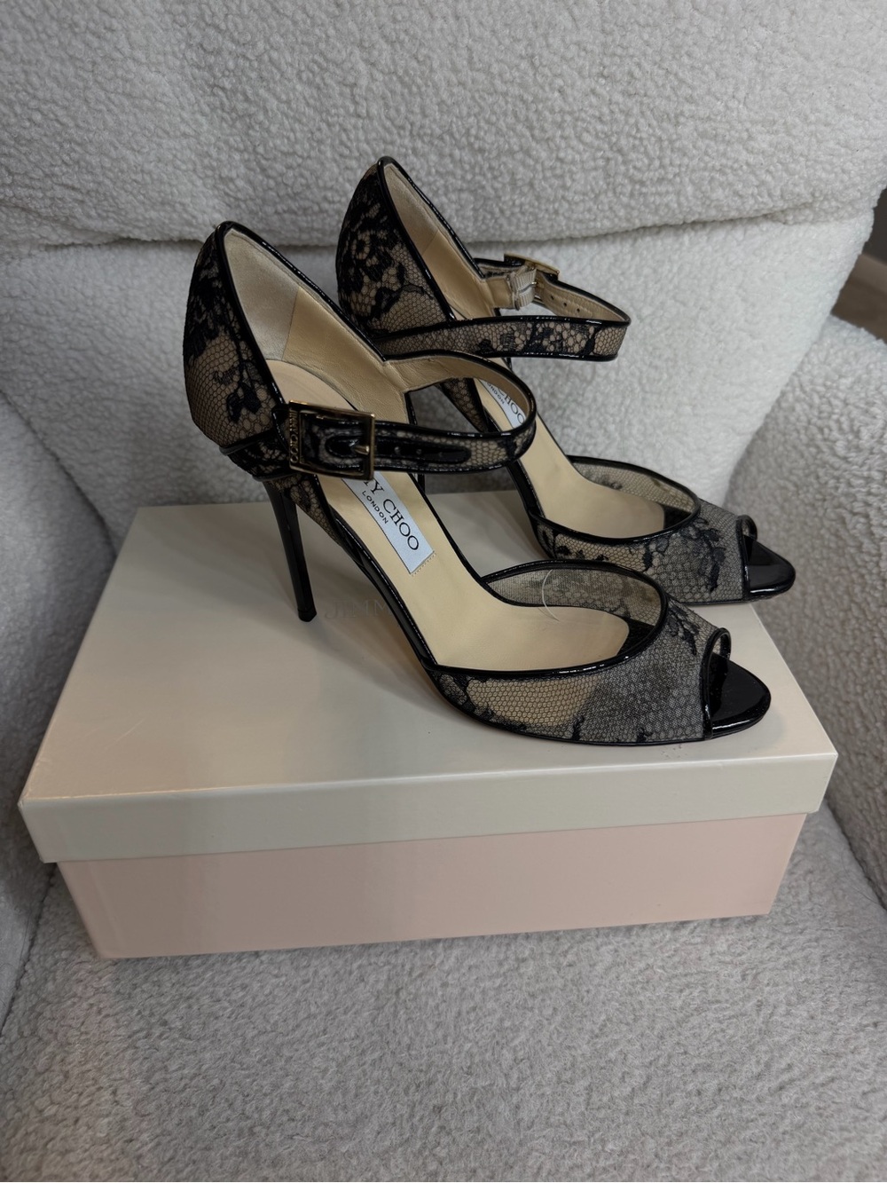 Jimmy Choo Black Lace Peep-Toe Heel with Ankle Strap size EU 38.5